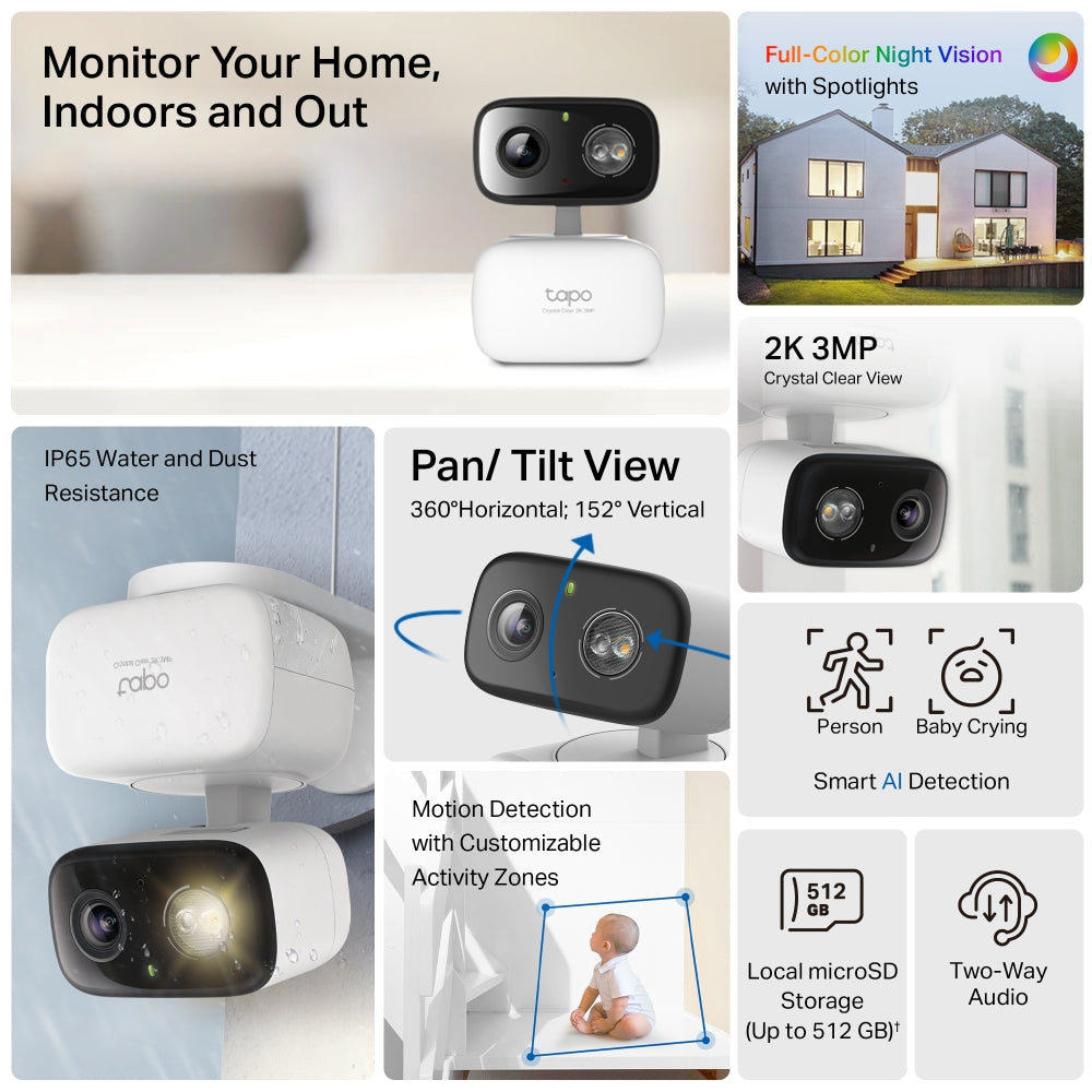 TP Link TAPO C216 Indoor Outdoor CCTV Camera AI Motion Detect Baby Cry Monitor 512GB Storage 2K 3MP