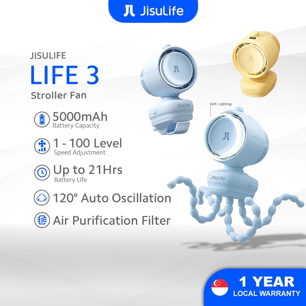 JISULIFE Stroller Fan Life 3 Octopus Yellow | Bladeless Baby Fan with LED Light, 100-Speed Control & 21H Battery
