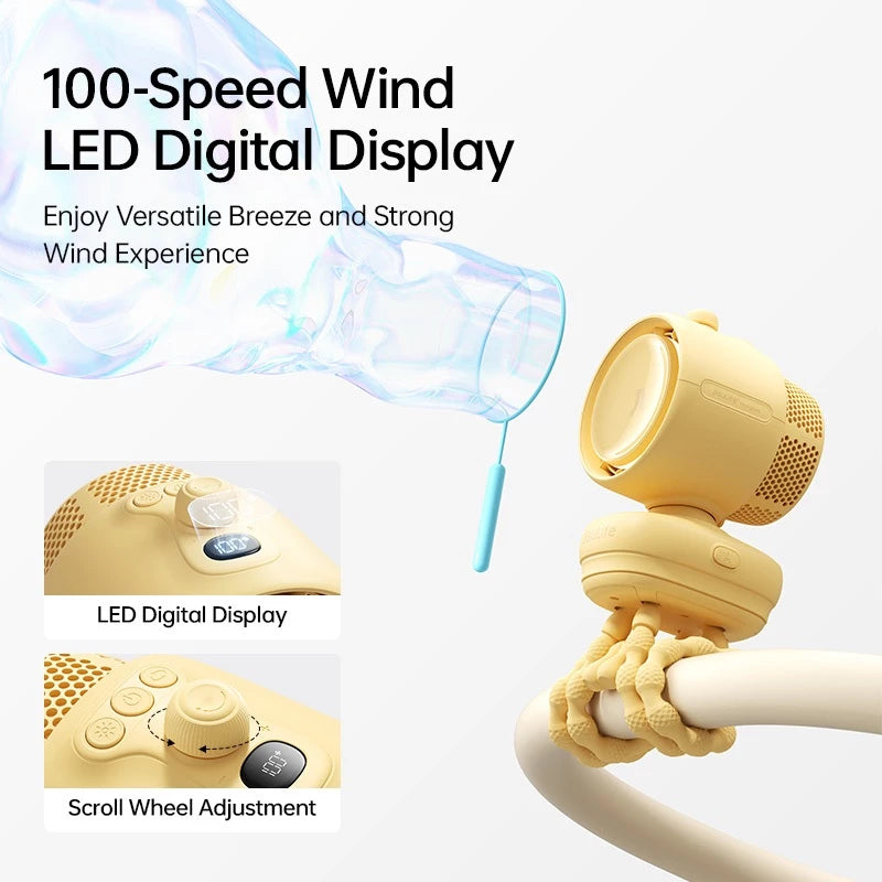 JISULIFE Stroller Fan Life 3 Octopus Yellow | Bladeless Baby Fan with LED Light, 100-Speed Control & 21H Battery